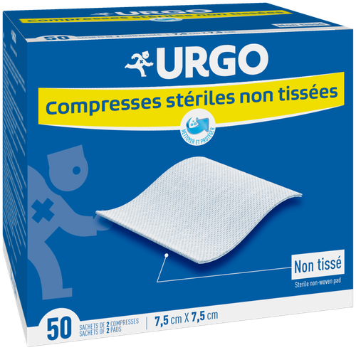 Image Urgo - Compresses stériles non tissées - 50 sachets de 2 compresses de 7,5 x 7,5 cm